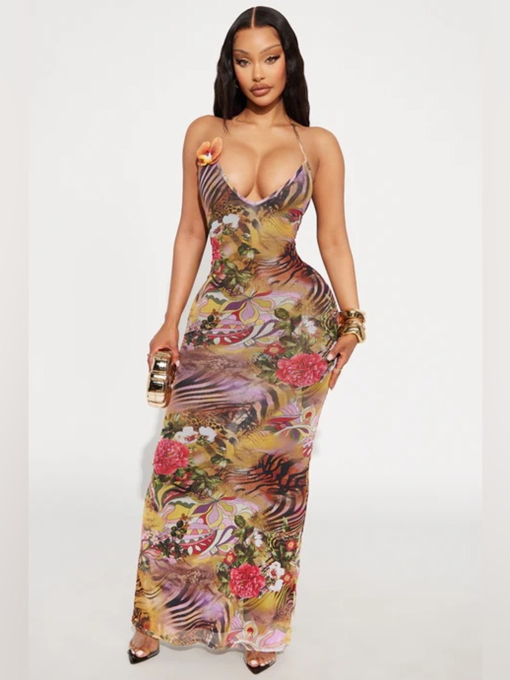 Fashion Nova Floral & Abstract Maxi Slip Dress